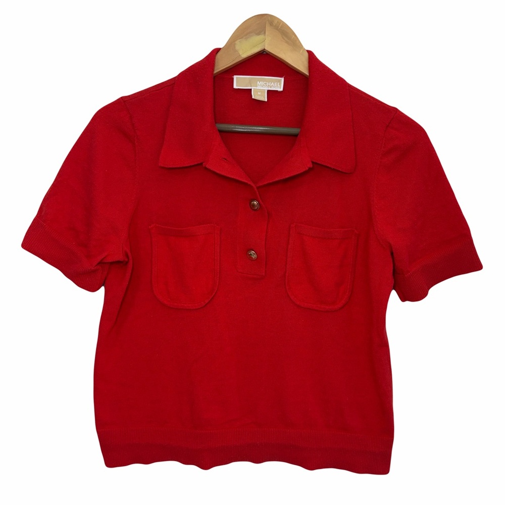 Michael Kors Red Short Sleeve Knit Polo Top Gold Buttons Size Medium